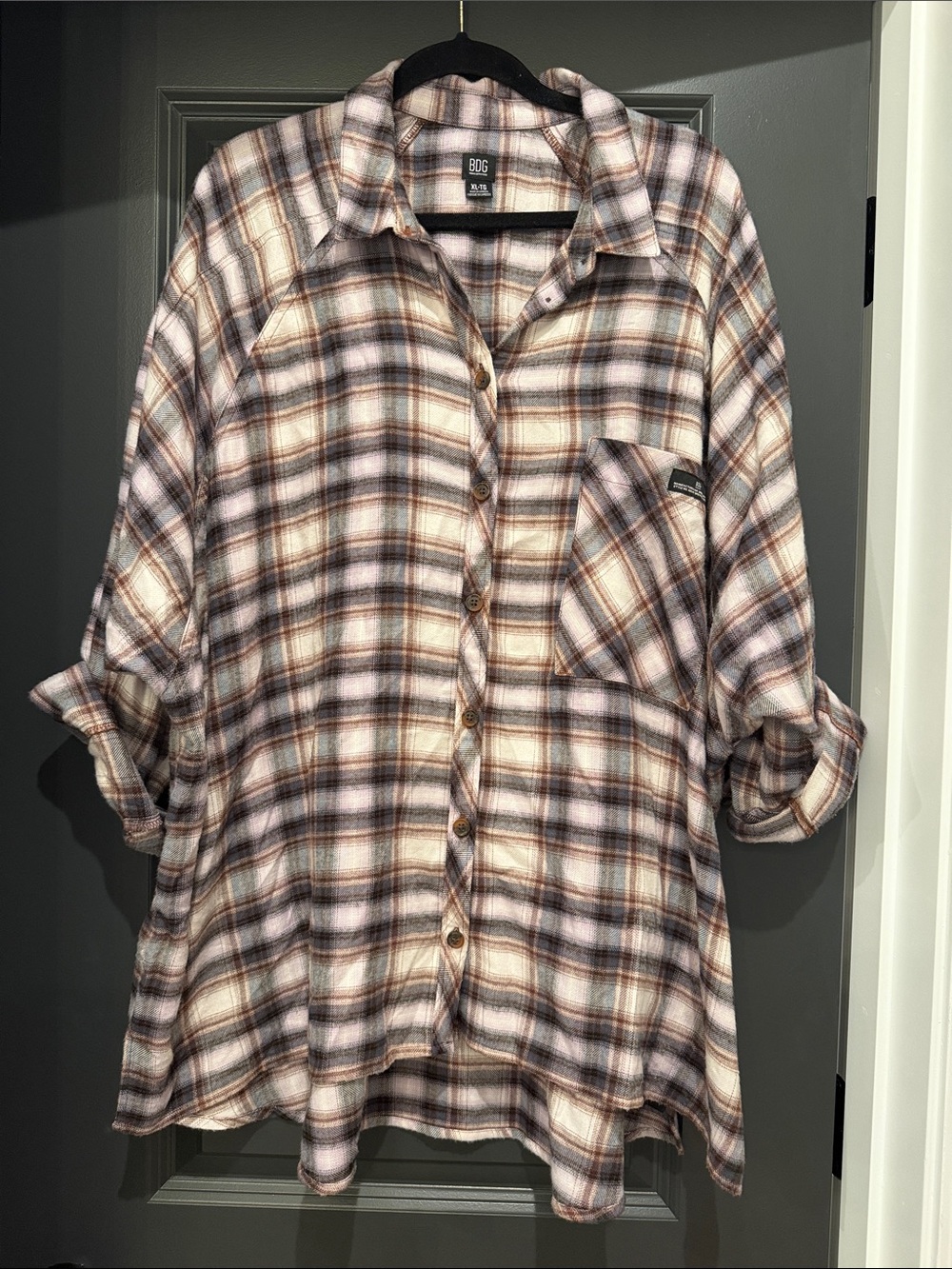 BDG Women’s Oversized Plaid Button-Up Shirt - Cream, Brown & Gray